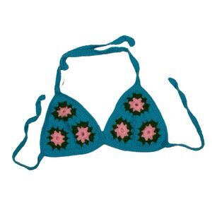Vintage Granny Square Handmade Bikini Top Turquoise Blue Pink Daisy Flower
